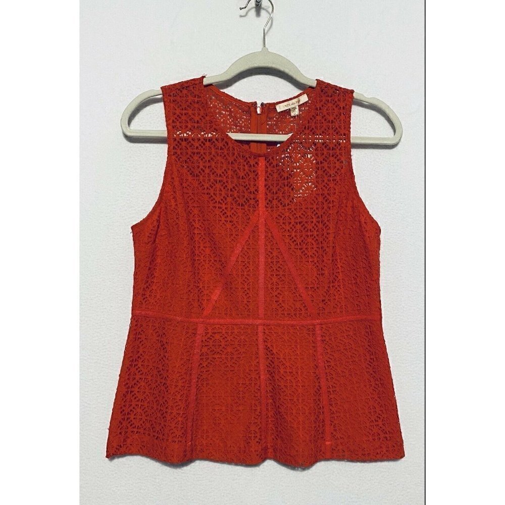 Skies are Blue Womens Crochet Sleeveless Peplum Hem Top Coral Orange Medium NEW